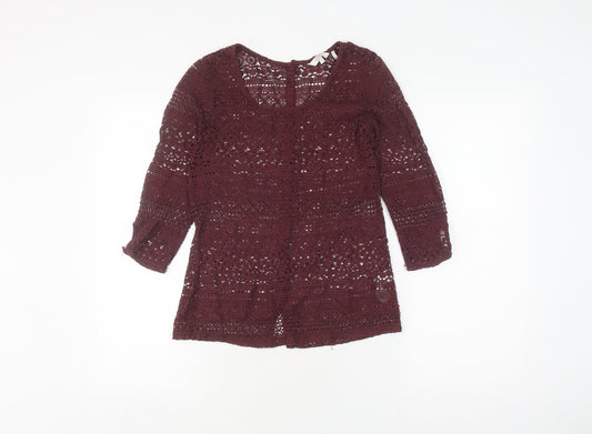 FatFace Women's Red Crochet Blouse, Size 6, 3/4 Sleeve