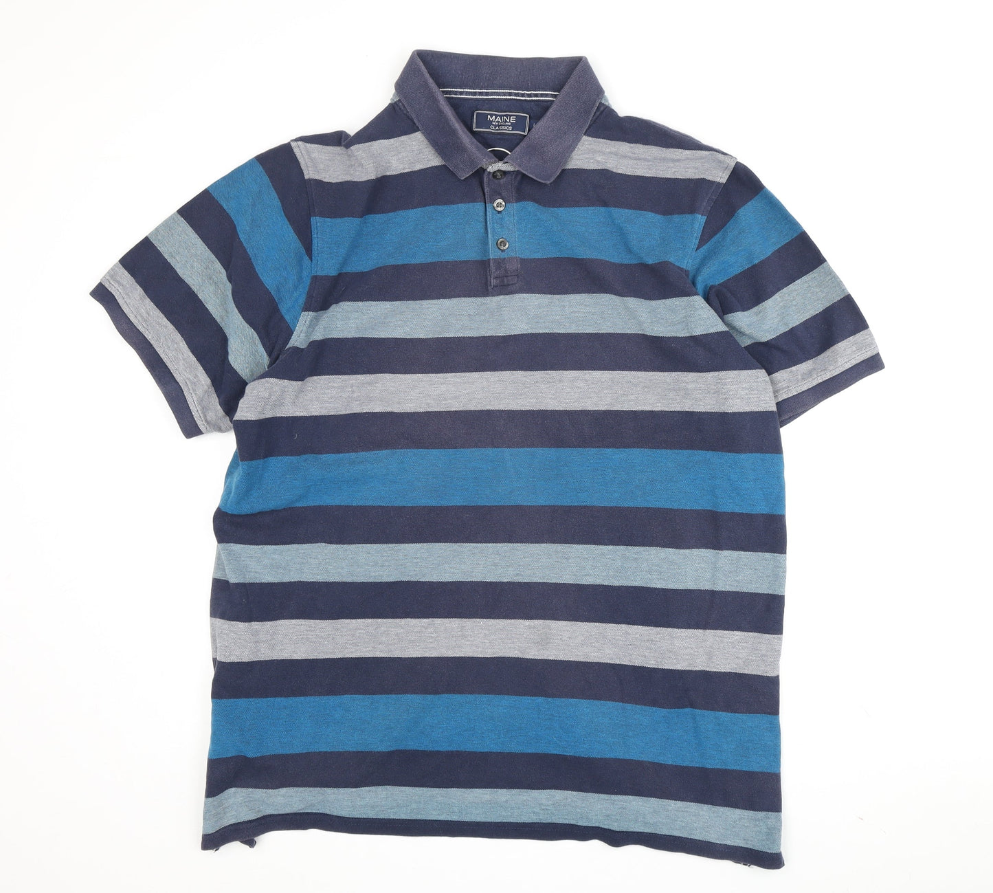 Maine New England Men's Blue Striped Polo Shirt L