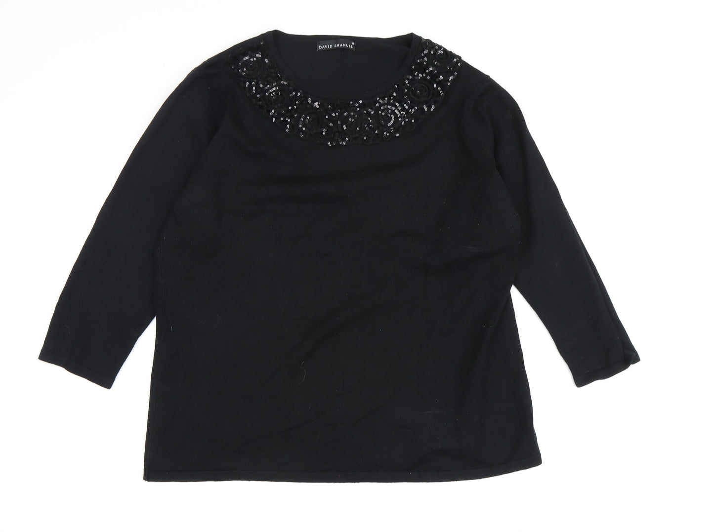 David Emanuel Women's Black Sequin Pullover, M, 3/4 Sleeve