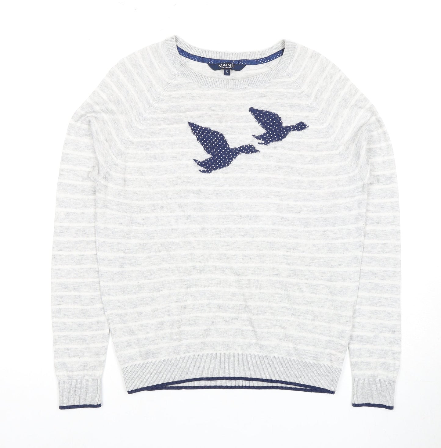 Maine Women's Grey Striped Crew Neck Sweater, Size 12