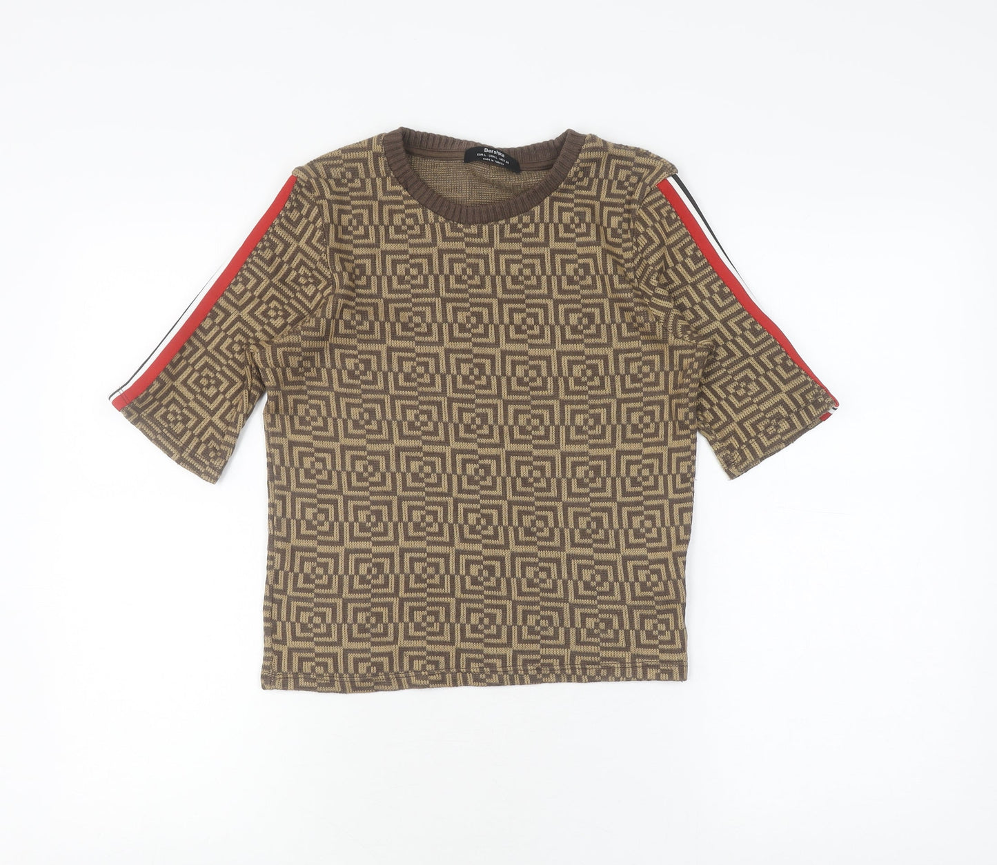 Bershka Women's Brown Knit T-Shirt, Size L, Geometric