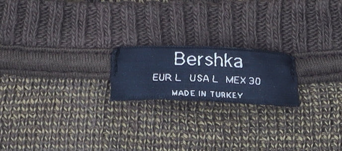 Bershka Women's Brown Knit T-Shirt, Size L, Geometric