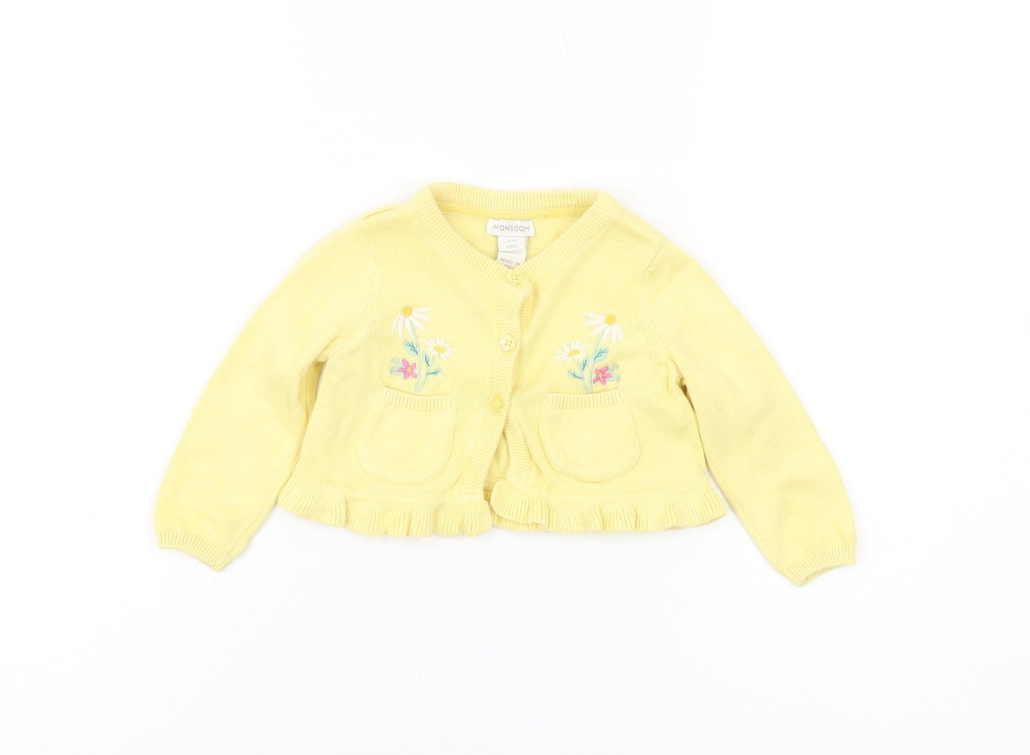 Monsoon Baby Yellow Cardigan, Floral, 6-9 Months, Cotton Knit