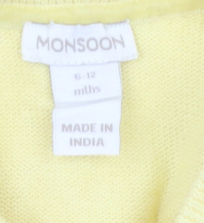 Monsoon Baby Yellow Cardigan, Floral, 6-9 Months, Cotton Knit