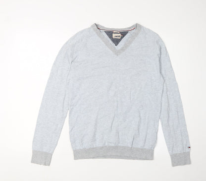 Tommy Hilfiger Men's Grey V-Neck Striped Pullover - S