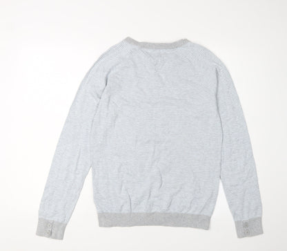 Tommy Hilfiger Men's Grey V-Neck Striped Pullover - S