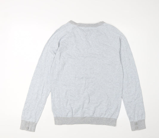 Tommy Hilfiger Men's Grey V-Neck Striped Pullover - S