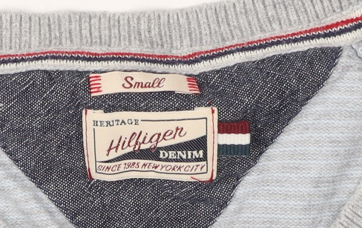 Tommy Hilfiger Men's Grey V-Neck Striped Pullover - S