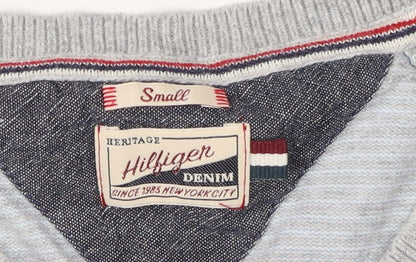 Tommy Hilfiger Men's Grey V-Neck Striped Pullover - S