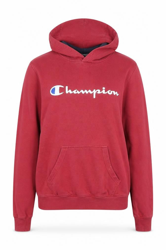 Front view of Champion unisex red pullover hoodie, size S