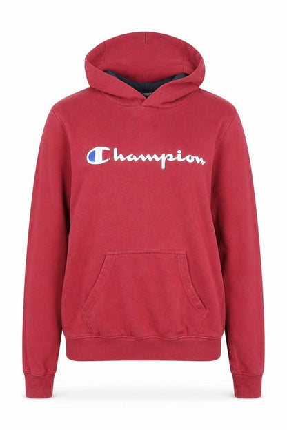 Front view of Champion unisex red pullover hoodie, size S