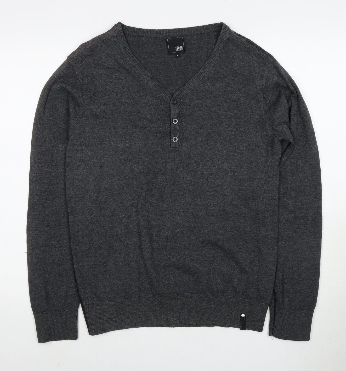 Jack & Jones Men's Grey Henley Jumper, M, V-Neck