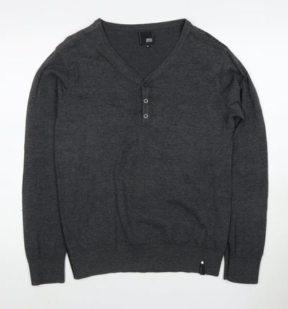 Jack & Jones Men's Grey Henley Jumper, M, V-Neck