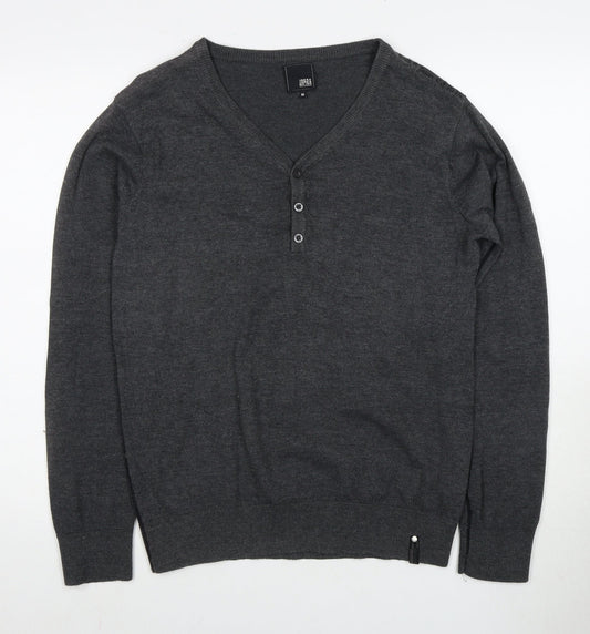 Jack & Jones Men's Grey Henley Jumper, M, V-Neck