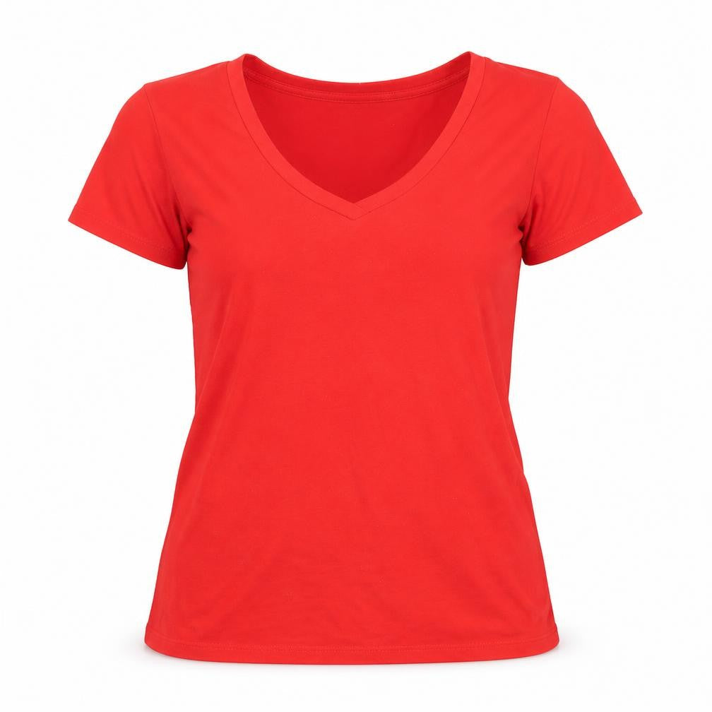 Front view of Jacqueline de Yong Women's Red V-Neck T-Shirt XS