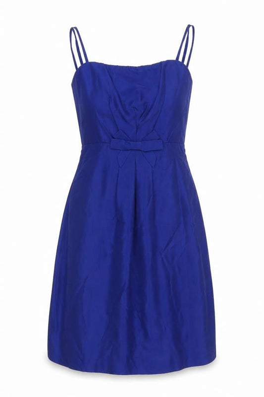 Front view of L.K. Bennett Women's Blue Silk A-Line Dress, size 10