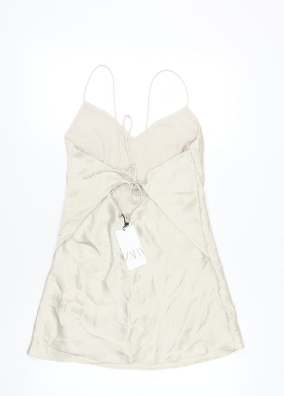 Zara Women Beige Slip Dress, Size 12, V-Neck, Party