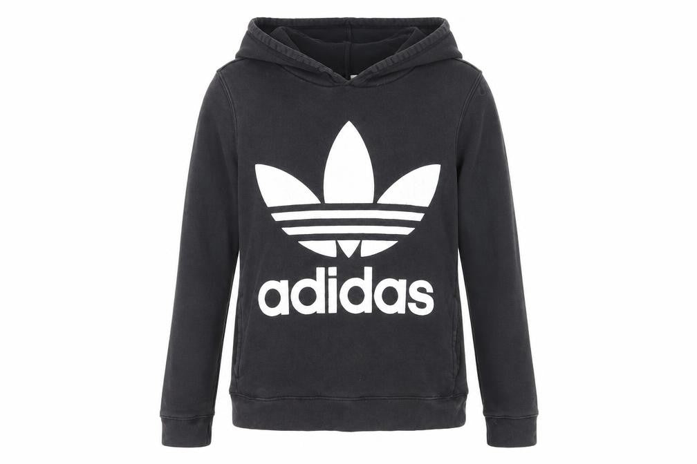 Front view of Adidas unisex black pullover hoodie, size 12, sporty logo