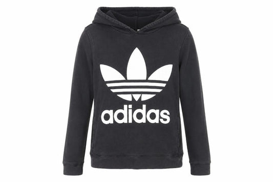 Front view of Adidas unisex black pullover hoodie, size 12, sporty logo