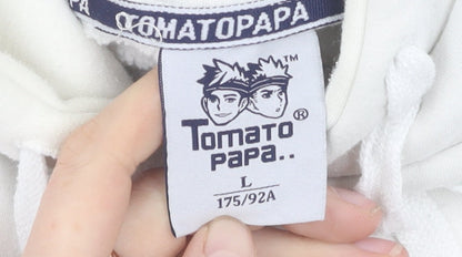 Tomato Papa Men's White Hoodie L Pullover Anime Graphic