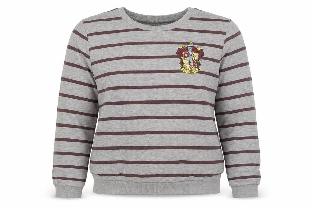 Front view of Harry Potter unisex grey striped pullover sweatshirt