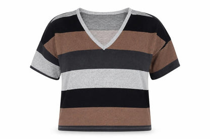 Front view of Jacqueline de Yong Women's Striped V-Neck T-Shirt M