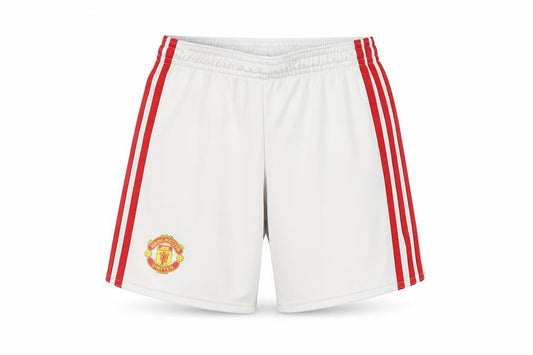 Front view of Adidas boys’' white manchester united athletic shorts 5-6 years