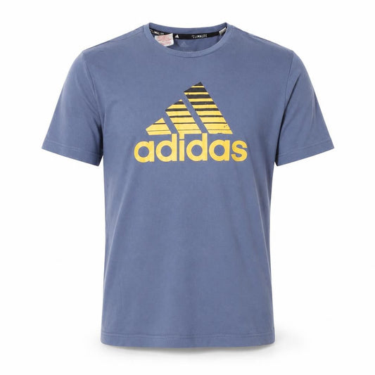 Front view of Adidas boys’ blue graphic t-shirt, size L, active sportswear
