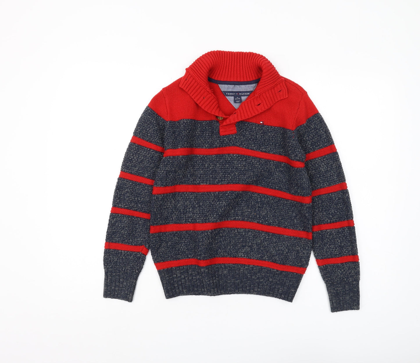 Tommy Hilfiger Boys Red Grey Striped Pullover Jumper M