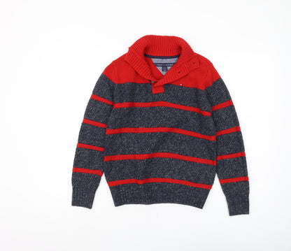 Tommy Hilfiger Boys Red Grey Striped Pullover Jumper M
