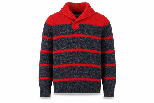 Tommy Hilfiger Boys Red Grey Striped Pullover Jumper M