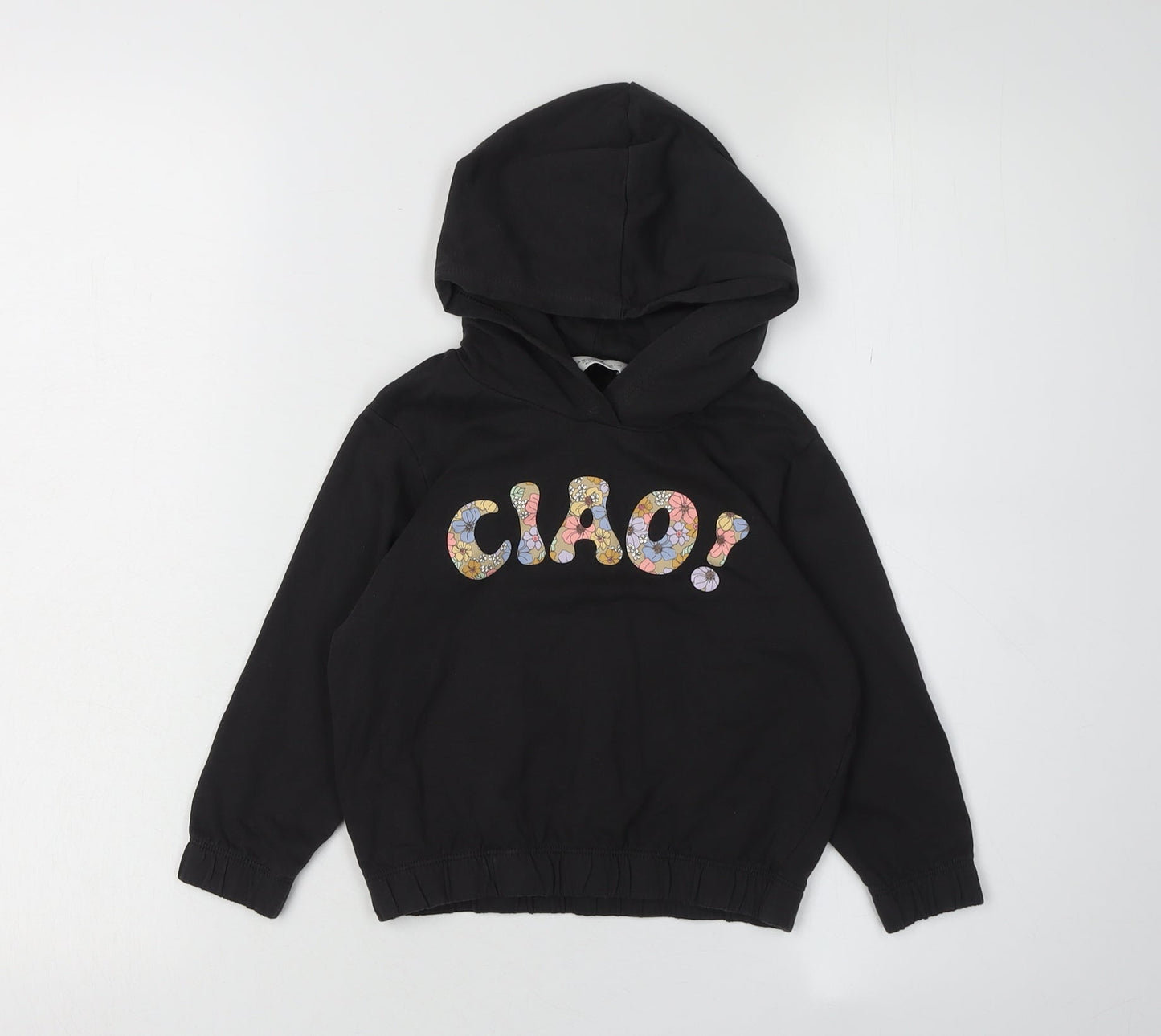 H&M Girls Black Hoodie, Ciao Graphic, 3-4 Years