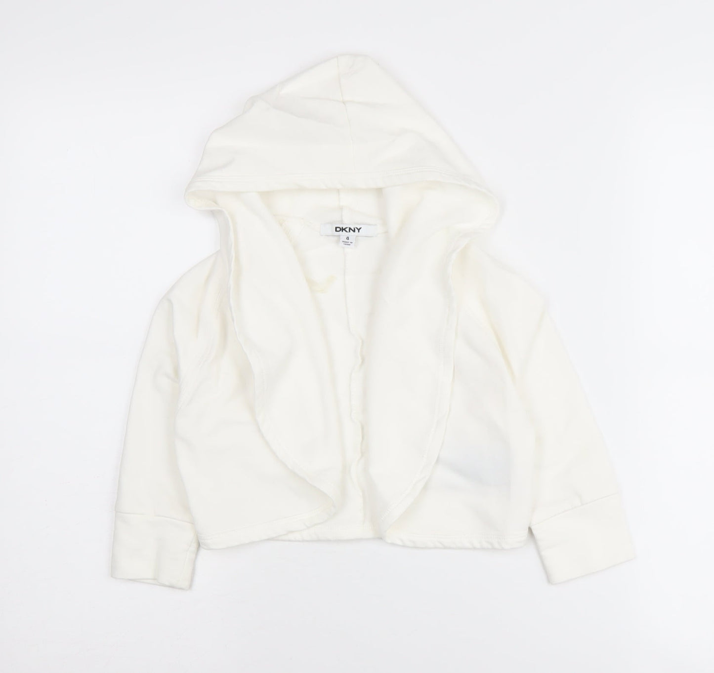 DKNY Girls White Hooded Cardigan, Size 4 Years, Cotton Blend