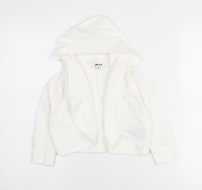 DKNY Girls White Hooded Cardigan, Size 4 Years, Cotton Blend