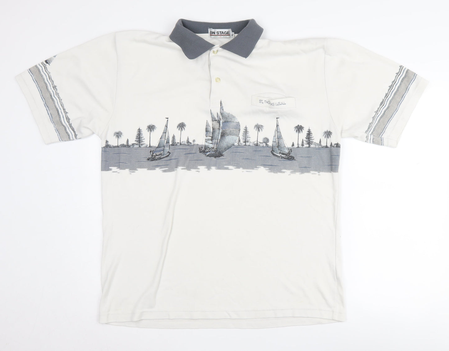 On Stage Men's XL White Nautical Polo Shirt