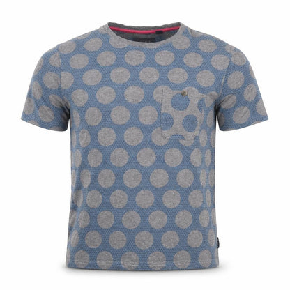 Front view of Ted Baker unisex blue polka dot t-shirt, size S