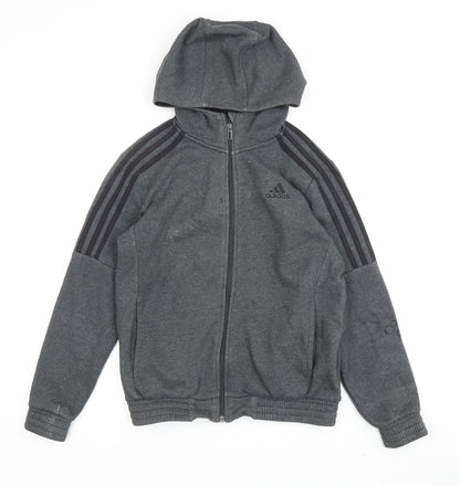 Adidas Boys Grey Full Zip Hoodie, 11-12 Years, Hooded, Excellent