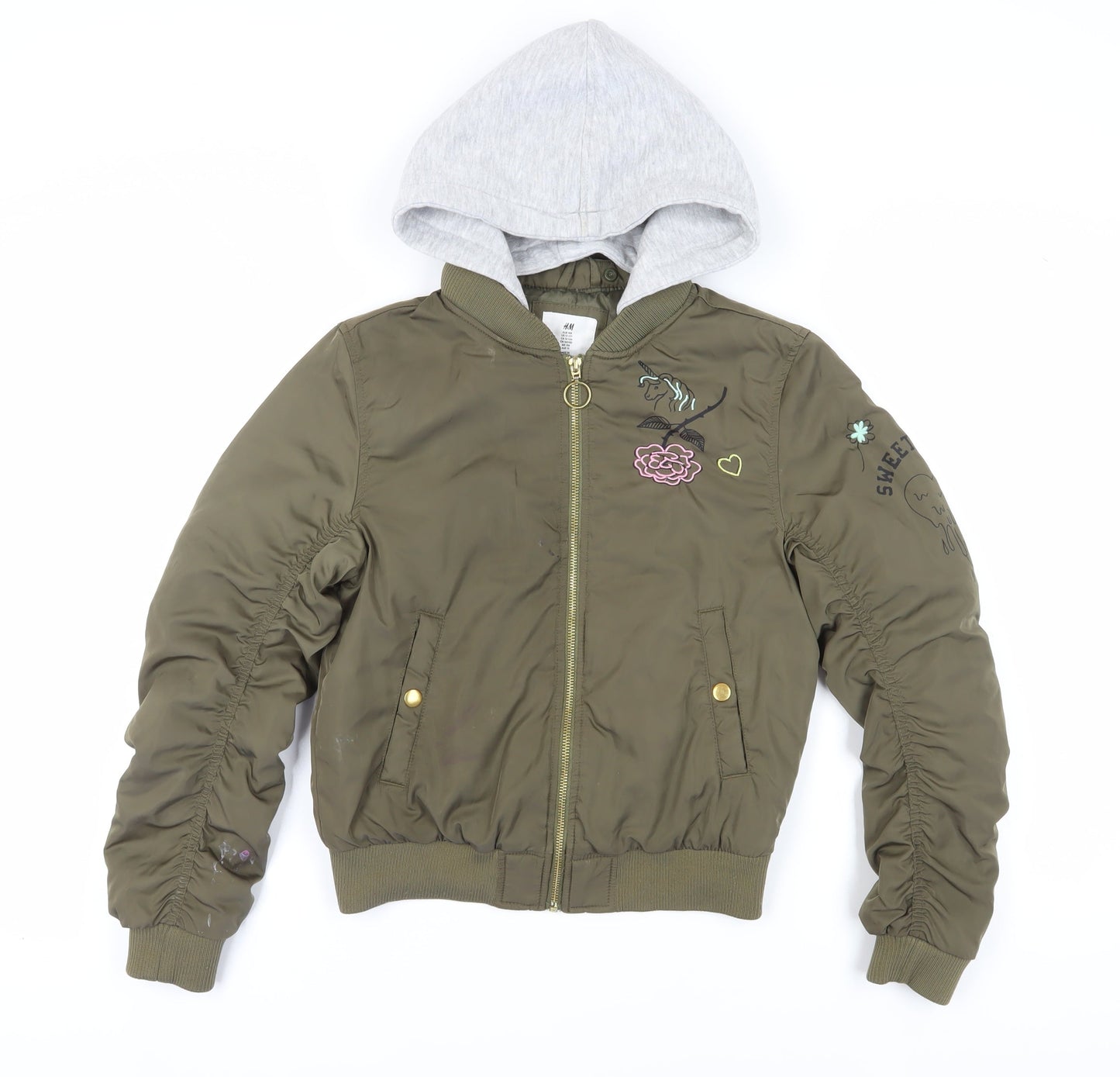 H&M Girls Green Bomber Jacket with Hood, Size 11-12 Years
