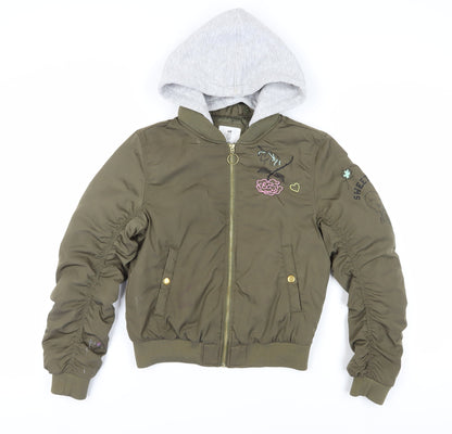 H&M Girls Green Bomber Jacket with Hood, Size 11-12 Years
