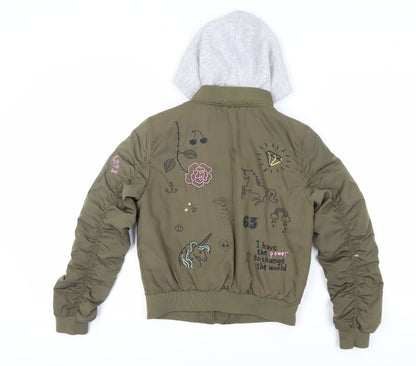 H&M Girls Green Bomber Jacket with Hood, Size 11-12 Years