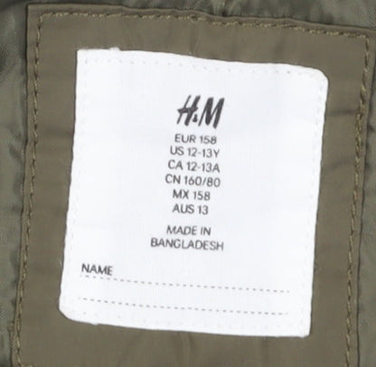 H&M Girls Green Bomber Jacket with Hood, Size 11-12 Years
