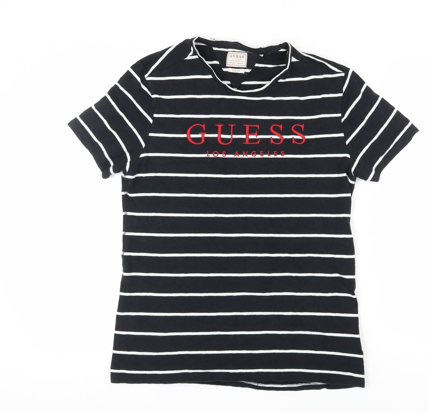 Guess Unisex Black Striped T-Shirt, Size S, Casual Slim Fit