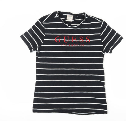 Guess Unisex Black Striped T-Shirt, Size S, Casual Slim Fit