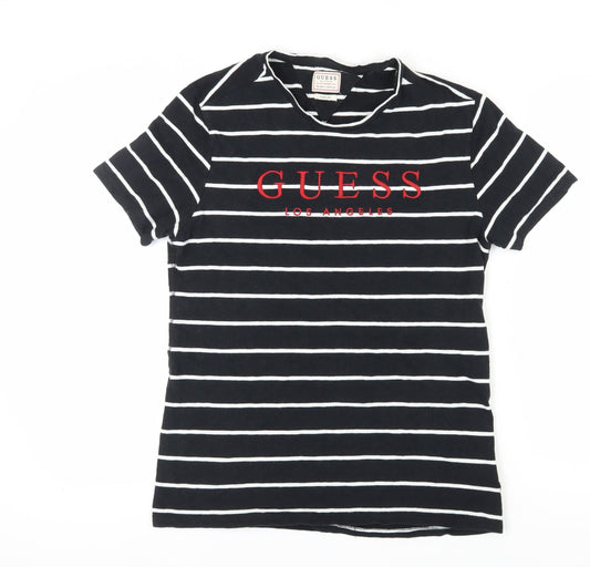 Guess Unisex Black Striped T-Shirt, Size S, Casual Slim Fit