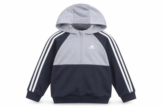 Front view of Adidas boys’ blue grey colourblock hoodie, 12-18 months