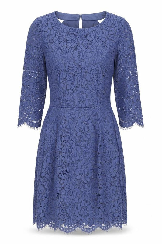 Front view of Oliver Bonas Blue A-Line Lace Dress, size 8, Elegant Evening Wear
