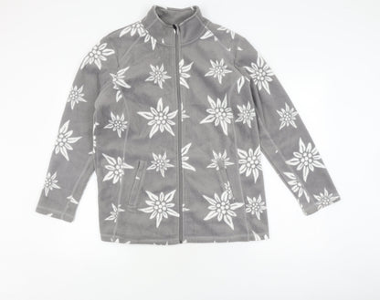 Damart Grey Floral Fleece Jacket, Size 12, Full Zip Women's