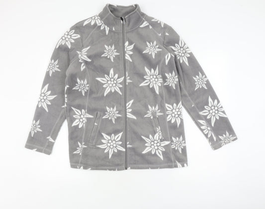 Damart Grey Floral Fleece Jacket, Size 12, Full Zip Women's
