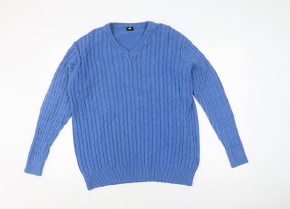 Pegasus Men's Blue V-Neck Cable-Knit Jumper L