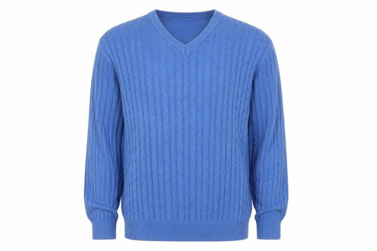 Pegasus Men's Blue V-Neck Cable-Knit Jumper L